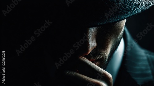 Close-up of a man with a hat and beard in dark lighting, showing part of his face and finger near lips