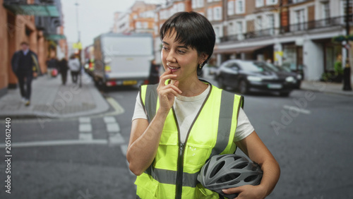 Fényképezés Woman with short hair in high vis vest smiling while holding bicycle helmet with hand on chin on street; thoughtful reflection
