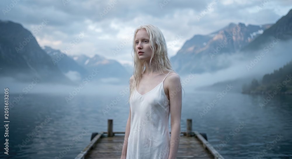 Fototapeta premium Woman in white dress standing on lake dock with mountains