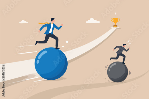 effort to win business competition, better or difference strategy to outsmart competitor concept, businessman run fast on sphere effortless to win