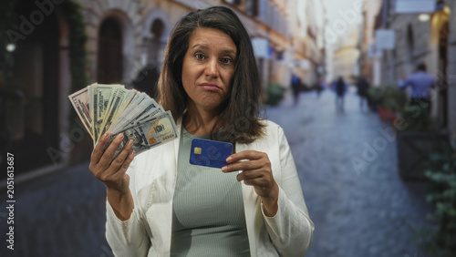 Φωτογραφία Woman holds fanned banknotes and blue creditcard while pouting on a cobbled street; money decisions doubt