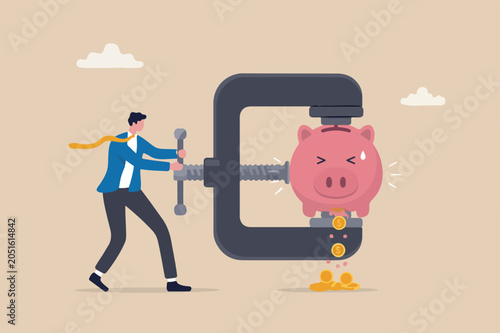 Business or company cut budget or squeeze and reduce spending due to business or economic crisis in COVID-19 Coronavirus recession concept, businessman using clamp to squeeze saving pink piggy bank