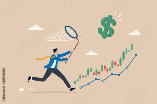 Catch bargain stock earning, investment opportunity with high profit return, get rich by earn more money and income concept, lucky businessman investor catching big dollar sign money with the net