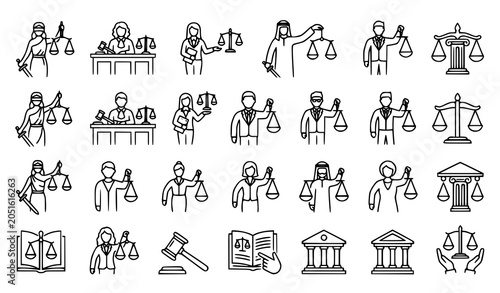 Foto Minimal person with scales of justice vector set featuring legal outline icons