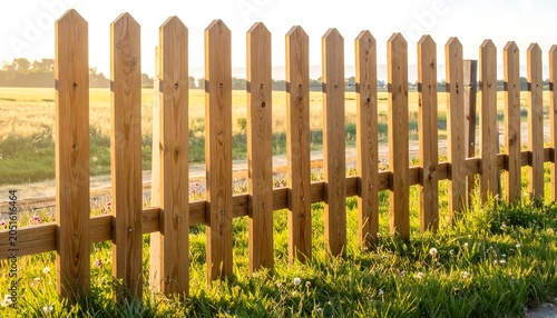 Close-up of a wooden picket fence with sunlight illuminating a field beyond. Green grass in the foreground