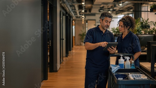 Man and woman cleaner reviewing digital tablet in office hallway. Professional custodial staff discussing cleaning maintenance schedule. Industrial hygiene and janitorial service management.