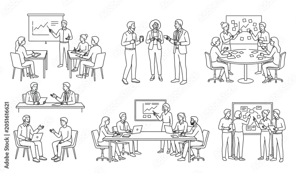 Obraz premium Professional Workplace Outline Scene Pack Featuring Business Meetings Networking Training and Team Collaboration Activities