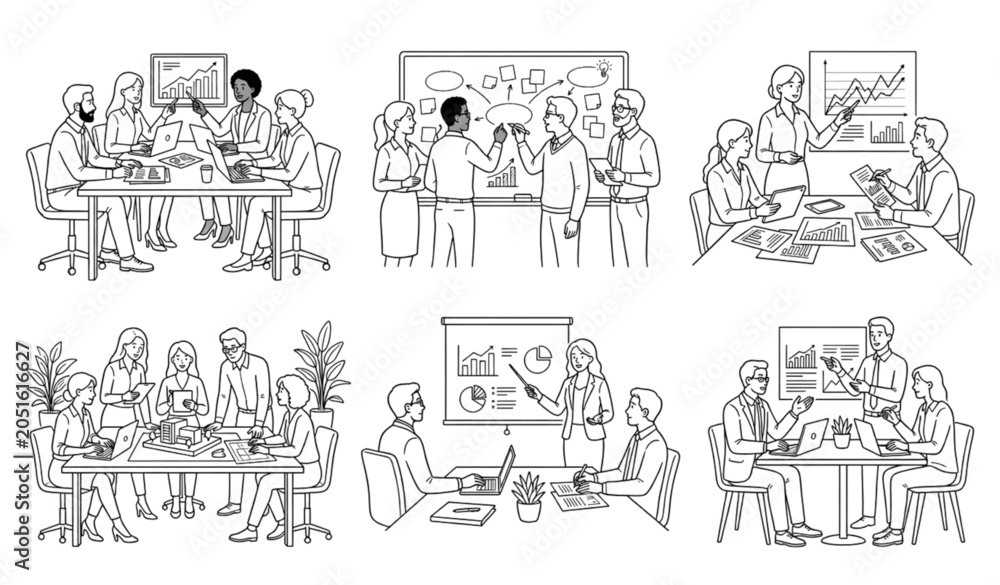 Obraz premium Business Team Collaboration Outline Scene Collection Featuring Meetings Strategy Planning and Professional Workplace Communication