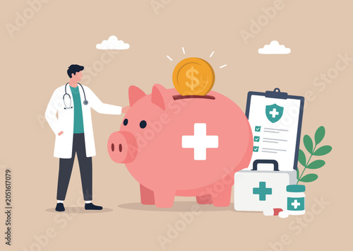 Health saving account, HSA, financial plan saving for medical expense or medicare cost and benefits concept, doctor with stethoscope standing with huge pink piggy bank or coin bank with medical sign