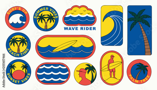 Summer surf and beach stickers with waves palm trees and surfboard.