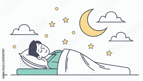 Minimal flat wellness illustration of a person sleeping soundly under the night sky with moon and stars