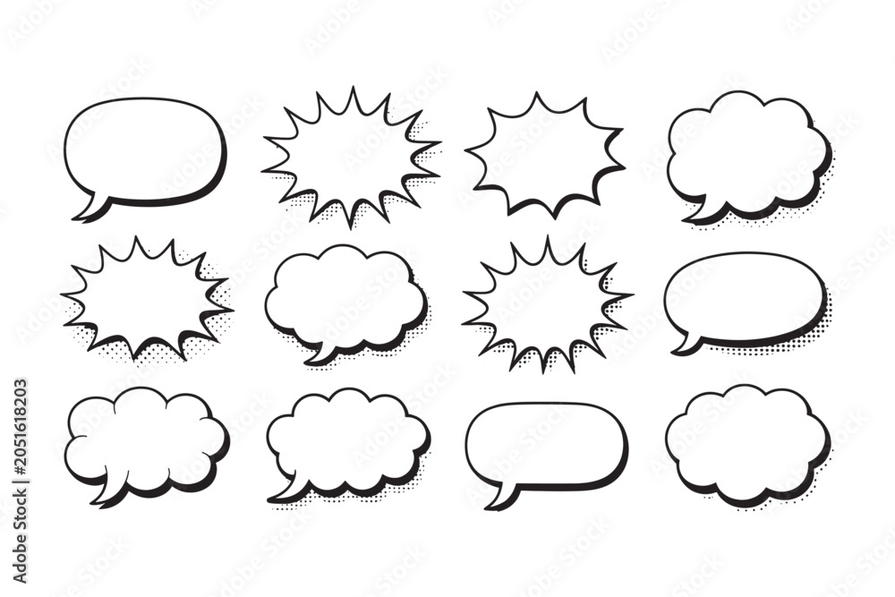 Obraz premium A collection of twelve comic book style speech bubble and thought bubble shapes in black outline with dotted halftone shading on a white background and pop compositions