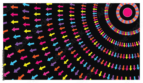 Colorful arrows arranged in circles on black background abstract design.