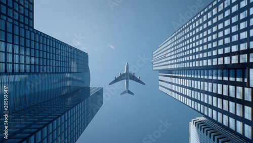 Airplane Flying Between Skyscrapers in Modern City 3D rendering