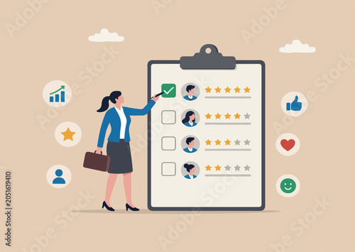 Evaluation or employee assessment, rating or performance review for improvement, satisfaction feedback checklist, appraisal or measure performance, businesswoman giving tick on evaluation checklist