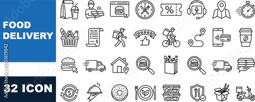 Food delivery icons with mobile app and vehicle elements on white background
