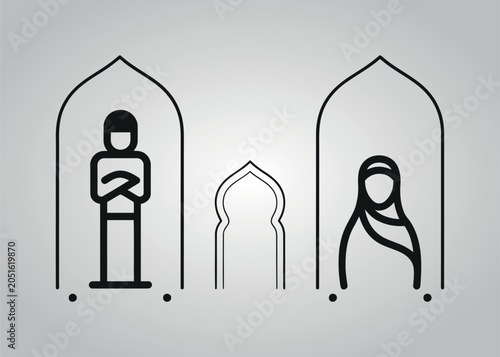 Canvas Print Black line art of people in archways on gray background