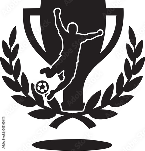 Black silhouette of soccer player kicking ball on trophy