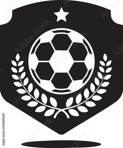 Black and white soccer ball logo with laurel wreath and star on shield