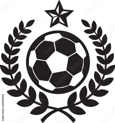 Black soccer ball icon with laurel wreath and star