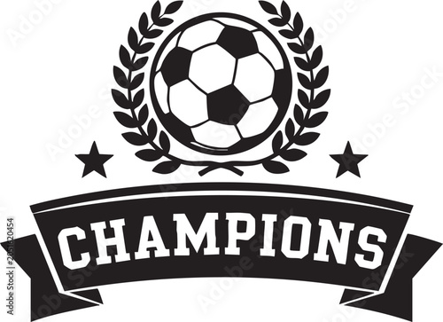 Black and white soccer champions logo with laurel wreath