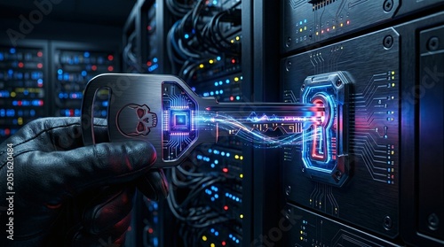 Cyber Security Hacker Key with Microchip and Skull in Server Rack.