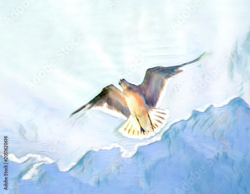 фотографія Gull hovering in sky above with sun rays and clouds behind