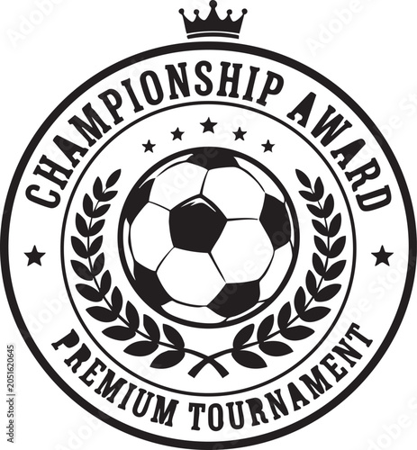 Black and white soccer championship award logo with crown and laurel wreath