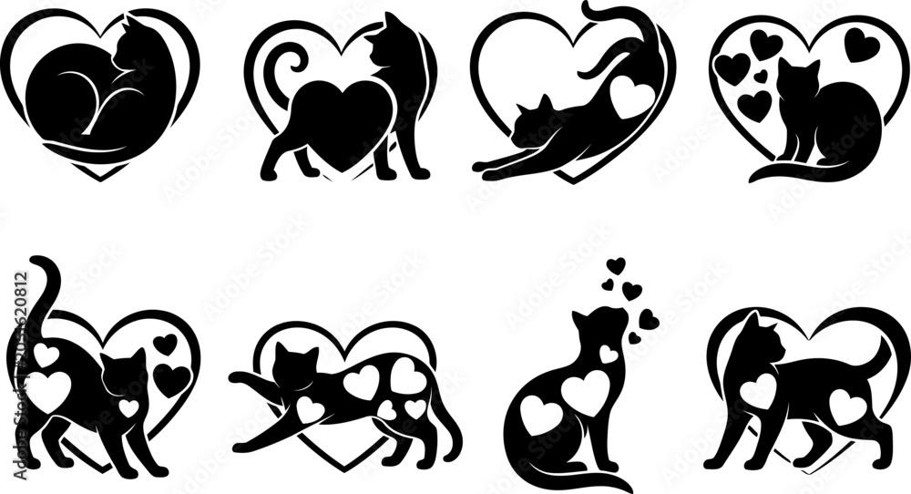 Naklejka premium Collection of black cat silhouettes within heart shapes and with heart cutouts white