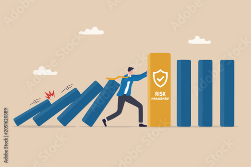 Proactive or risk management to avoid potential problem, prevention or protection to stop business disaster or crisis concept, anticipated businessman put support column on to prevent domino falling