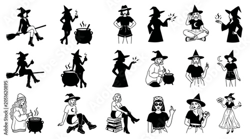 Konstfotografi Witch Silhouettes And Illustrations Black And White Vector Graphics