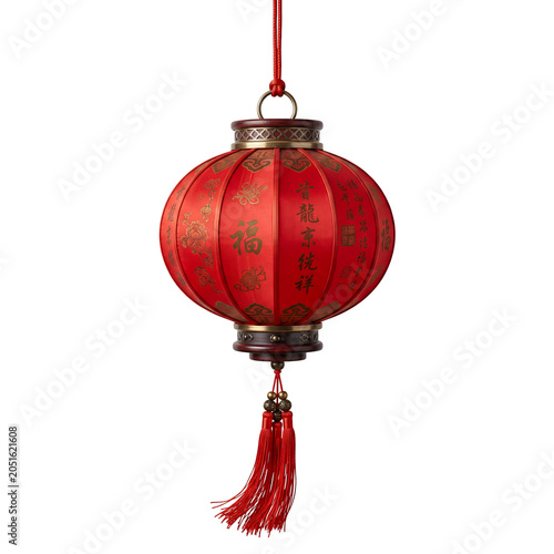 Traditional Chinese Red Lantern with Golden Inscription and Tassel Hanging Isolated on White Background