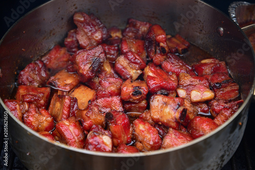 Delicious Slow Cooked BBQ Pork Ribs in a Metal Pot