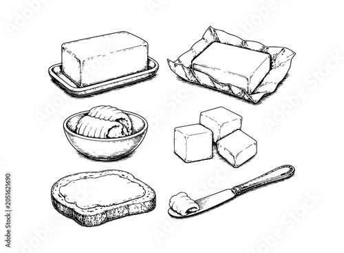Photography Simple hand drawn butter sketch set, engraved breakfast food illustration clip a