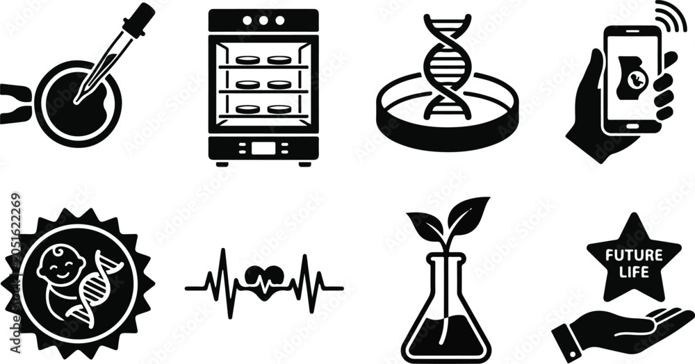 Naklejka premium Comprehensive IVF and biotechnology icon set featuring genetic engineering DNA research laboratory equipment and future life fertility concepts