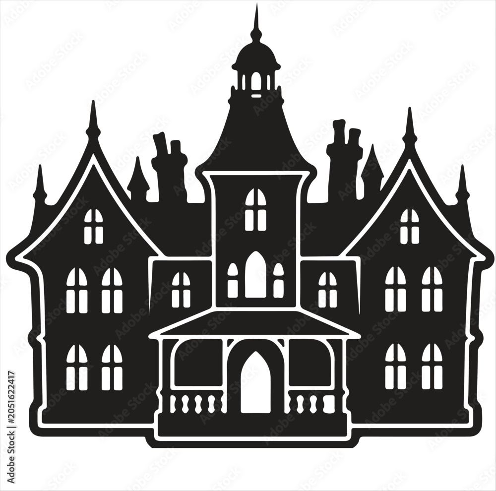 Fototapeta premium Spooky haunted house silhouette isolated on white background vector illustration