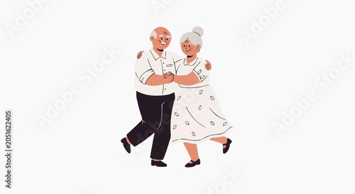 Elderly couple dancing joyfully in retro style vector illustration with polka dot dress