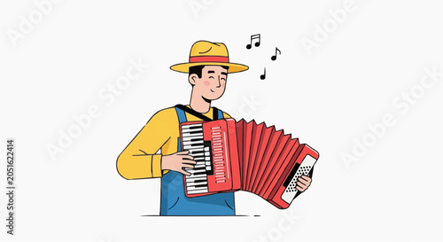 Farmer playing accordion with musical notes in cheerful countryside illustration