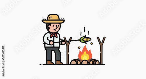 Farmer Cooking Corn on Campfire in Rustic Outdoor Camping Illustration