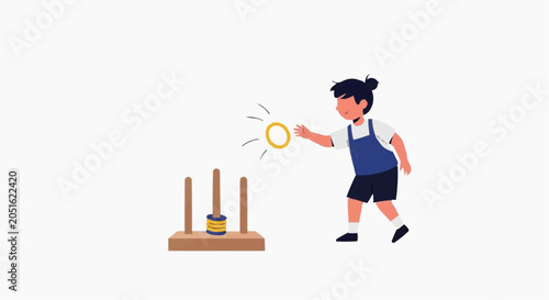 Child Playing Quoits Game with Wooden Pegs in Casual Backyard Setting Vector Illustration