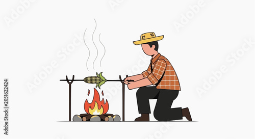 Farmer Roasting Corn on Cob Over Campfire in Rustic Outdoor Setting Illustration