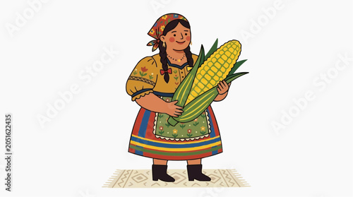 Indigenous Woman Holding Fresh Corn in Traditional Colorful Dress and Headscarf Illustration