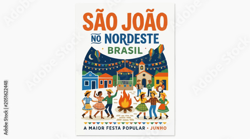 Colorful Traditional Brazilian June Festival Celebration in Northeast Village with Bonfire and Decorations