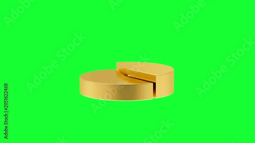 Golden pie chart segments separate and rotate on a green background in a business infographic style 3D animation