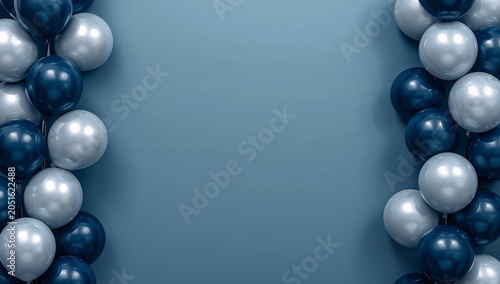 Elegant navy blue and shiny silver balloons beautifully frame a tranquil blue-grey background, offering a sophisticated celebratory or festive backdrop ideal for diverse design projects.