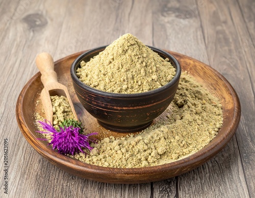 Close-up of a wooden plate with a bowl filled with powder and a wooden scoop alongside a purple thistle flower on a wood surface