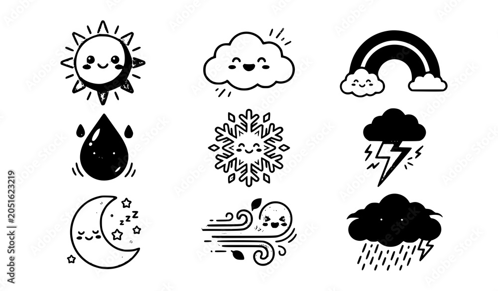 Obraz premium Cute Weather Symbol Icon Collection for Kids Learning Activities
