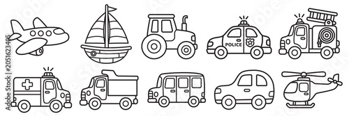 Transportation Coloring Page Collection With Hand Drawn Vehicle Outline Set