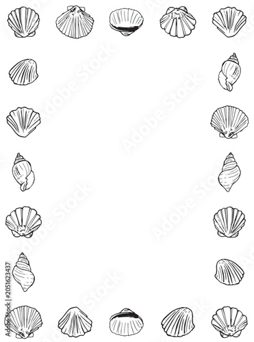 Foto Seashell frame hand drawn sketch, black line art