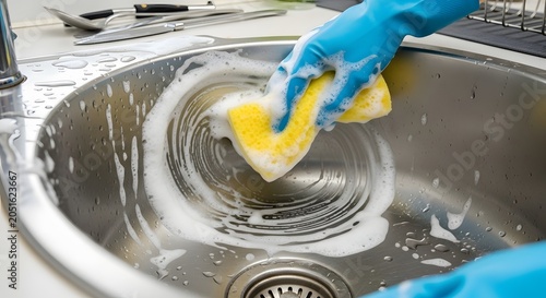 Person wearing blue rubber cleaning gloves scrubbing a stainless steel kitchen sink with soapy sponge cleaning supplies cleaning